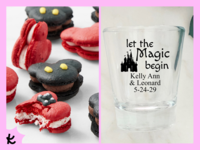 disney wedding favors including Mickey and Minnie shaped macarons and a Disney inspired shot glass