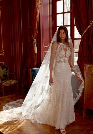 Allover Lace Fit and Flare Gown with Jewel Neckline and Keyhole Back