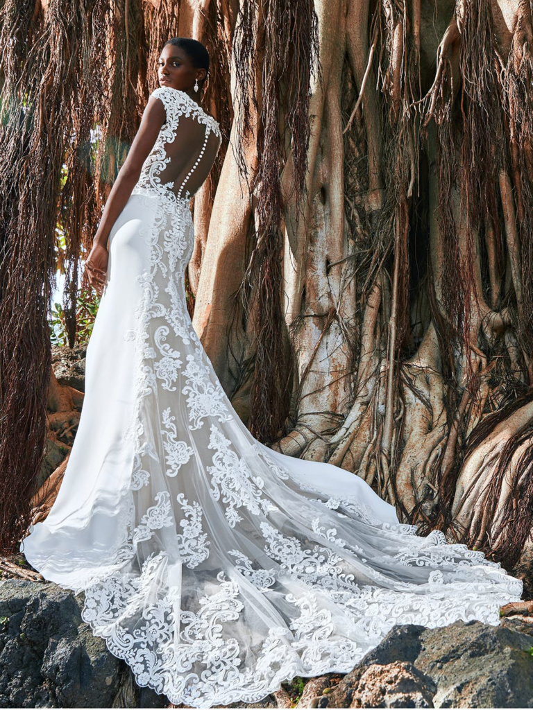 Beautiful Illusion Bodice Long Sleeve Lace Wedding Dress With Plunging Back  Neckine