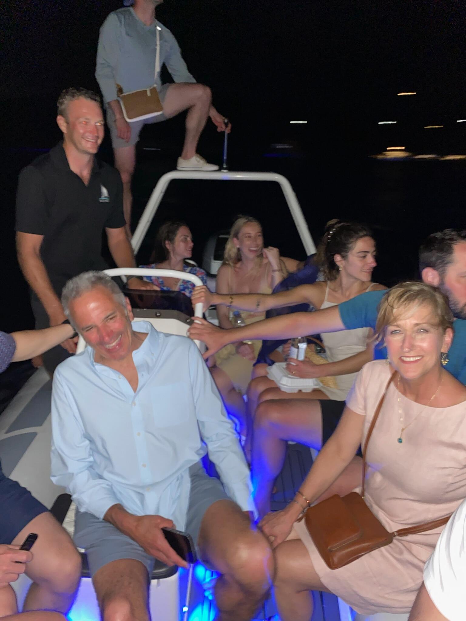 BVI sailing trip - on the dinghy heading back to the boat after dinner on Norman Island.
