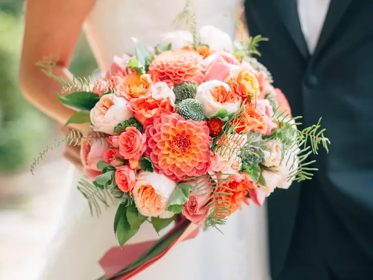 Coral, Pink and Green Garden Wedding Bouquet 
