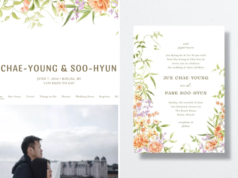 garden wedding website design and matching invitations with pastel watercolor flower border