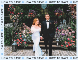 Couple surrounded by flowers on wedding day