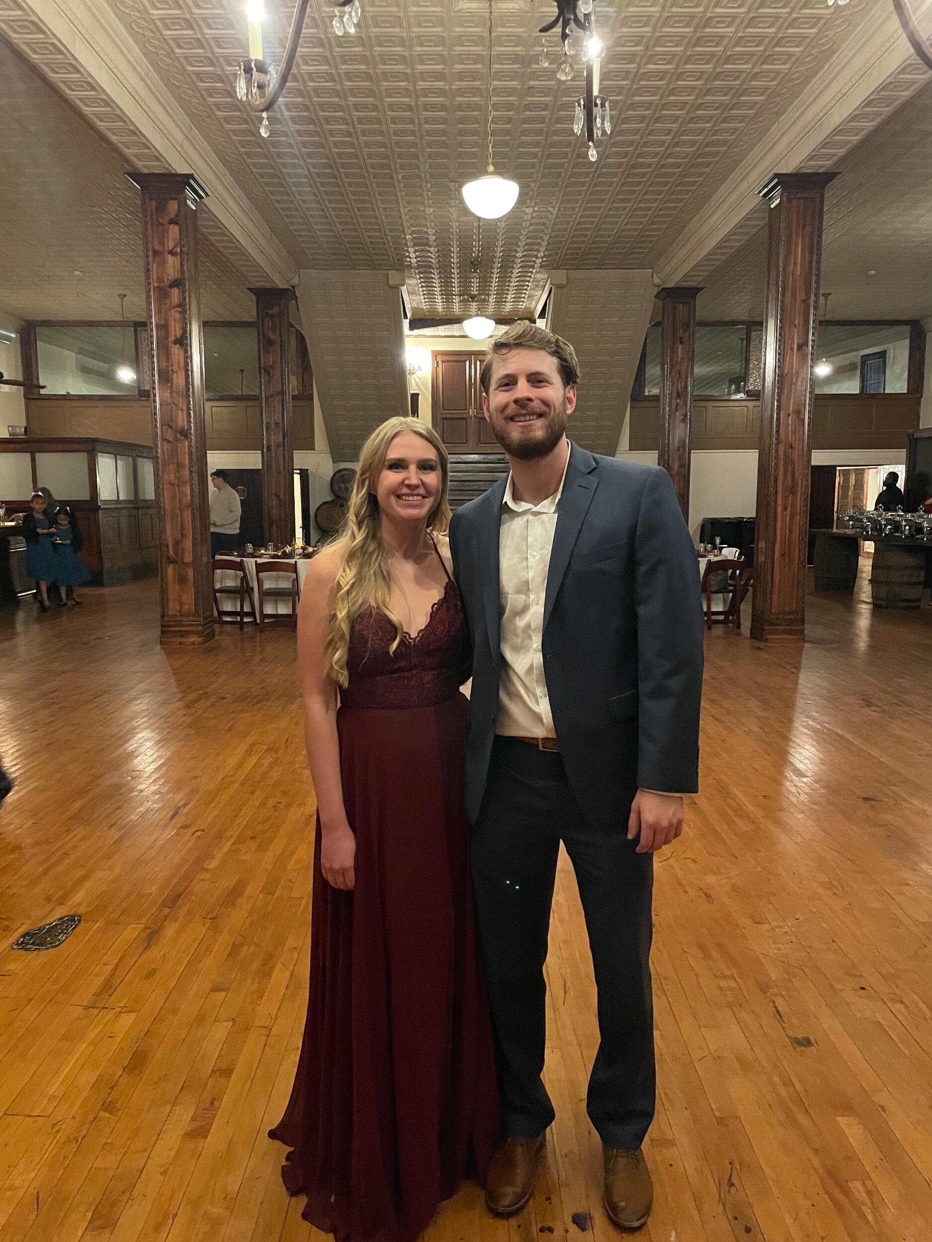 Late 2021 - March 2023 was nonstop wedding season! We attended several weddings, showers, and bachelor/bachelorette parties, and had a great time celebrating our friends' love. Here we are at Abigail — one of Beth's bridesmaids — and Sam's wedding in Hillsboro, Texas. 