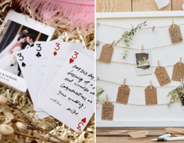 Engagement party guest book ideas including deck of cards and hanging tags