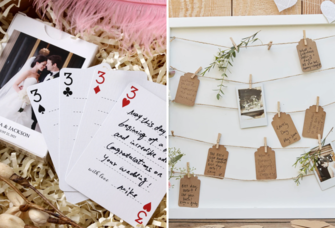 Engagement party guest book ideas including deck of cards and hanging tags