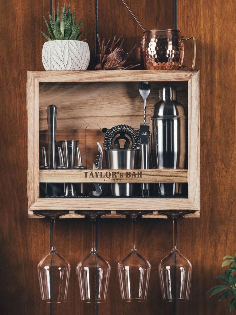 Personalized mini bar that holds wine glasses and a cocktail making kit Etsy wedding gift idea
