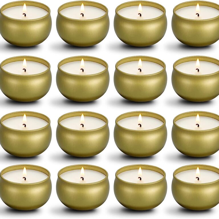 Scented soy wax candles in gold tins for wedding favors
