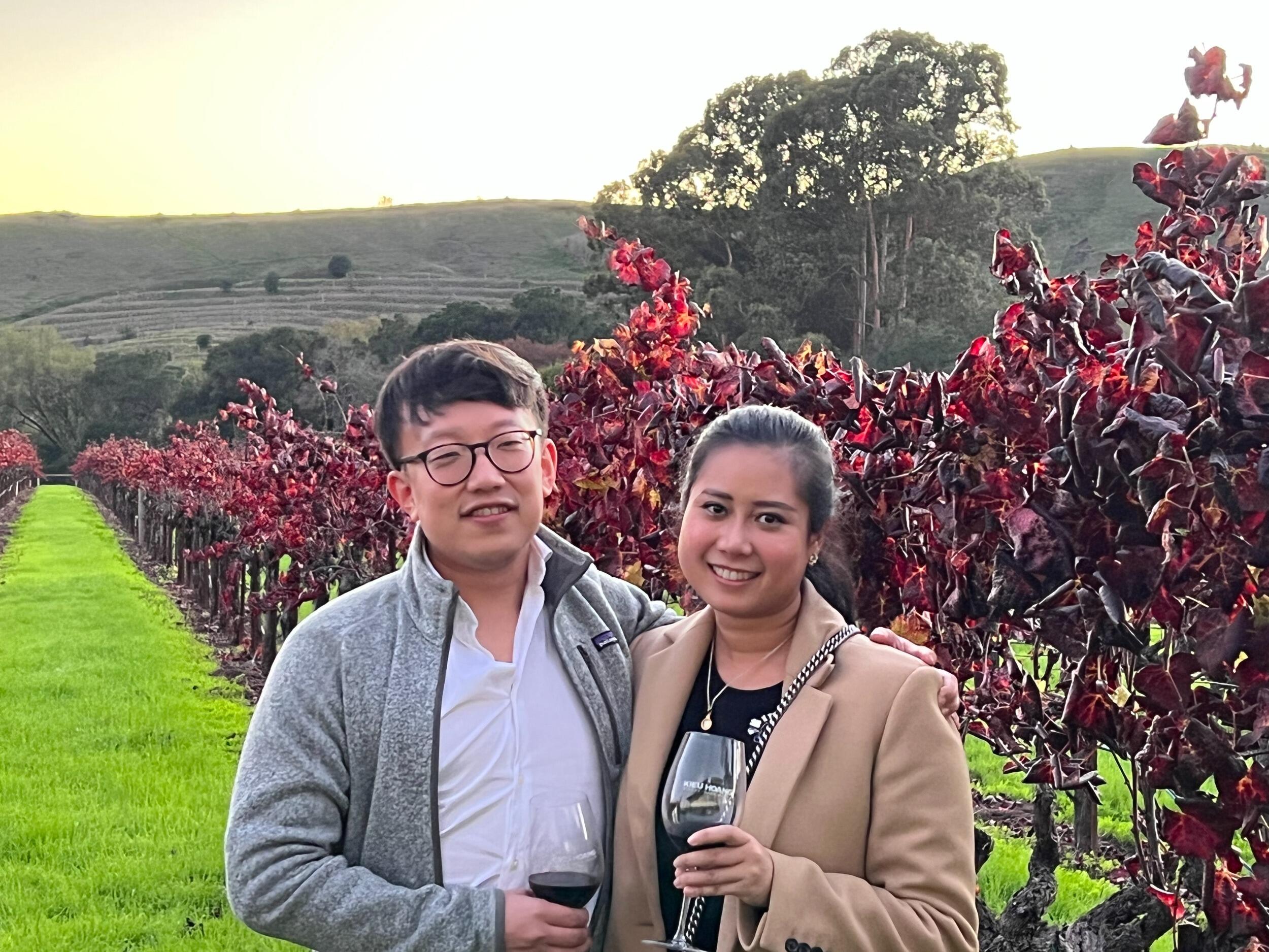 Our first trip together. We went to Napa Valley, where Andy spilled red wine on her brand-new coat! Cookie didn't get angry...