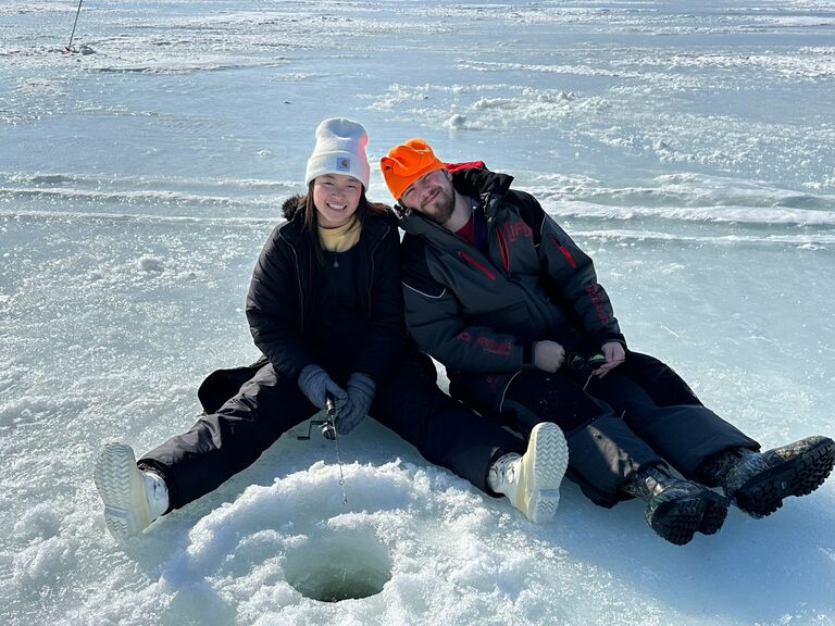 Olivia's first-time ice fishing at Wyatt's cabin!