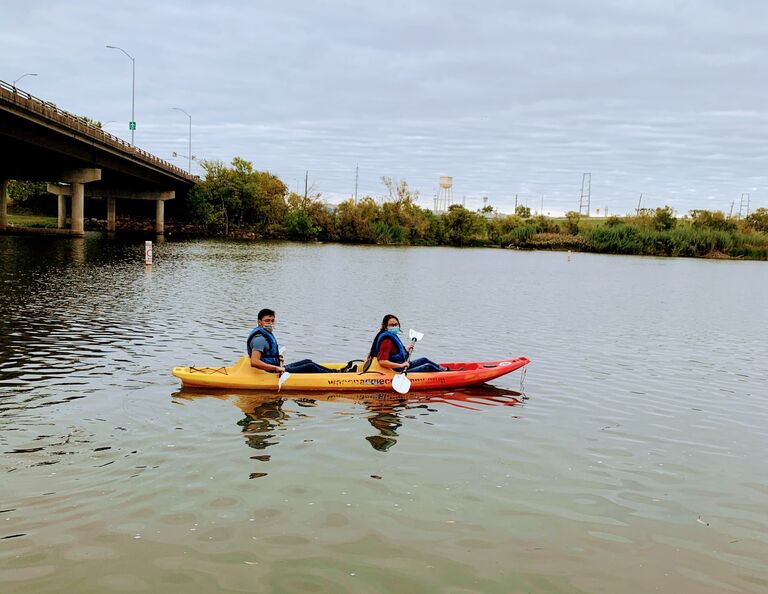 We decided to meet in the middle at Waco and went kayaking together!
This is when Steven realized that Natalie did not understand physics or how to paddle a kayak...it was a constant circle with mud in his face. Luckily, the COVID mask seemed to shield him from some.