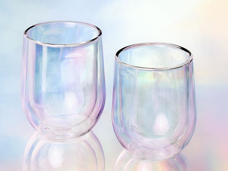 Two stemless wine glasses with a shimmery iridescent finish thank-you gift