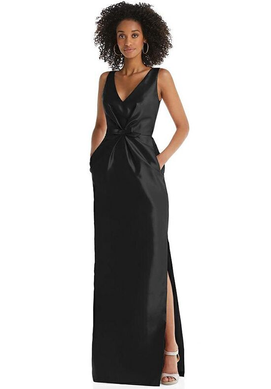 Pleated Bodice Satin Maxi Pencil Dress with Bow Detail - D810