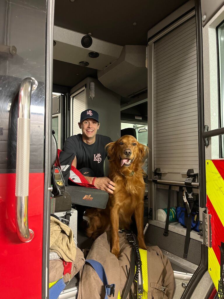 Yogi fell madly in love with his new best friend. Caycee and Yogi visit Chase at work from time to time. Chase is a full time firefighter for the City of La Crosse. 
