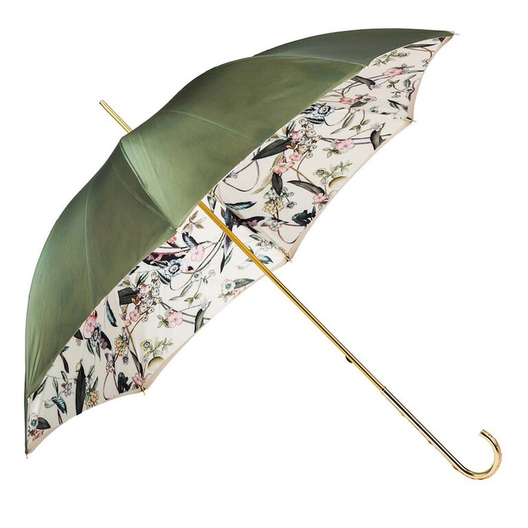 Olive green umbrella with gold handle and a pattern on the inside. 