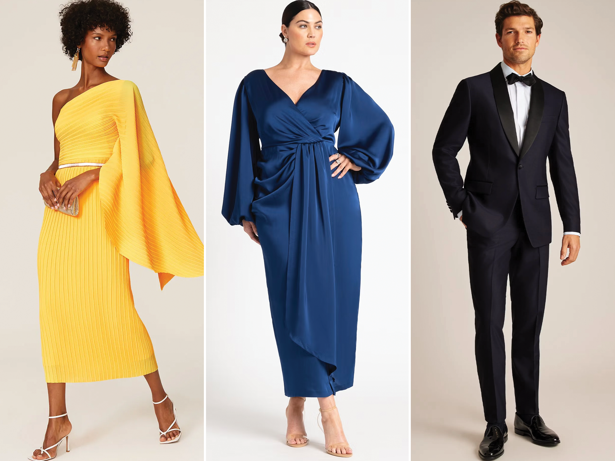 Collage of three black-tie-optional guest attire outfits