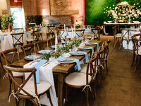 The tables are set with boho-chic decor in the event space at The Eastern.