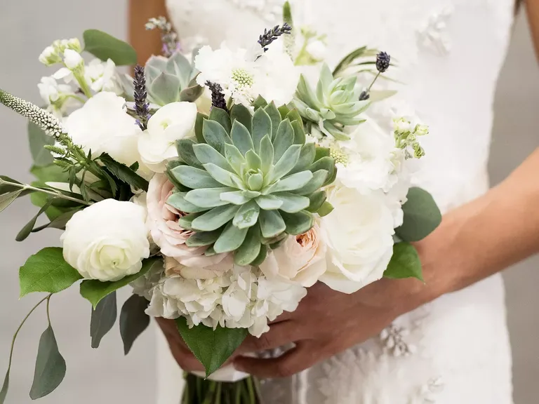 Minimalist Wedding Bouquet With Succulents and Hydrangeas