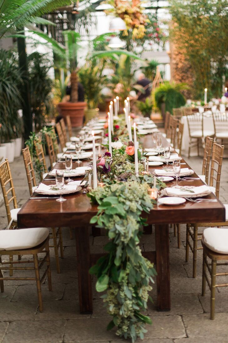 Farm Tables with Green Garland Table Runner