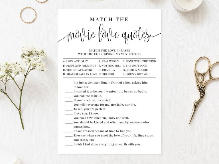 Etsy rom-com movie love quotes bridal shower game