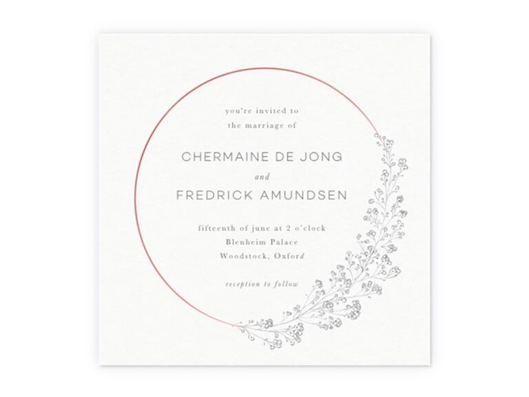 Rose gold foil ring with florals framing event details on white background