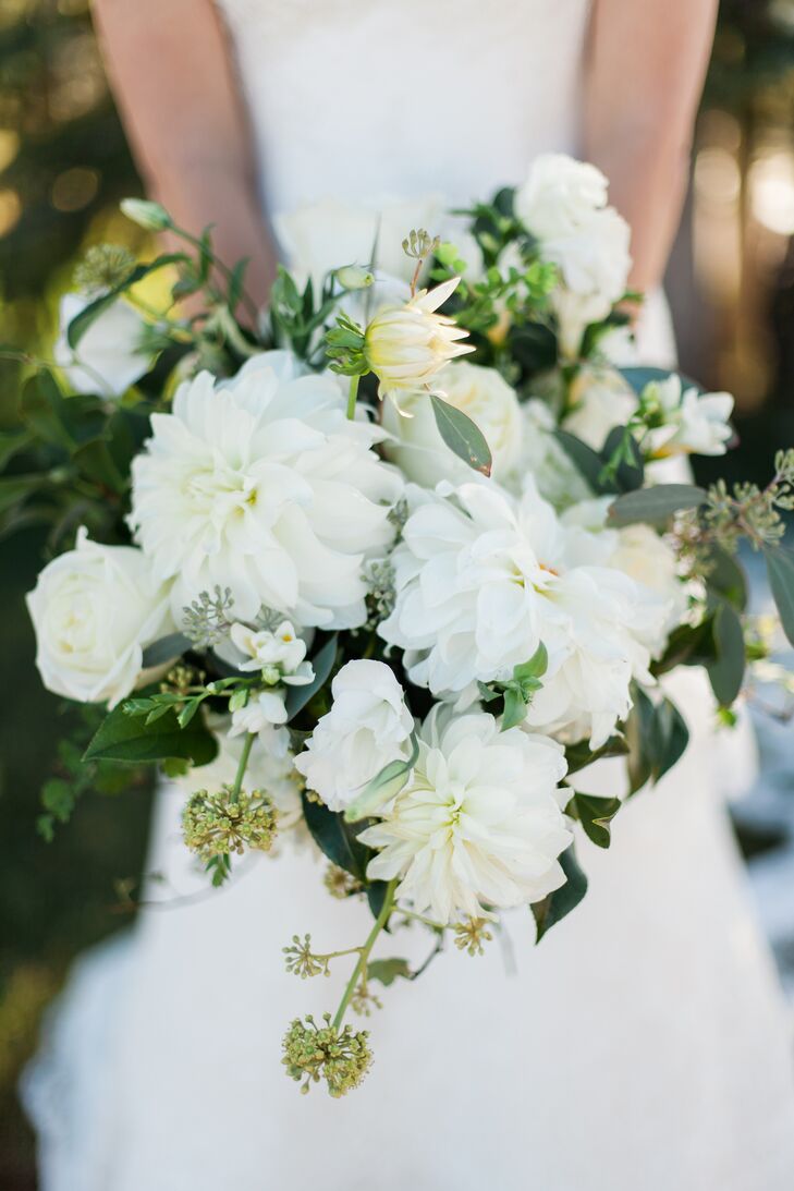 White Dahlia, Seeded Eucalyptus Bouquet