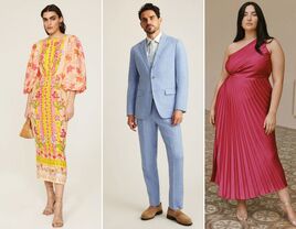 Three cocktail attire wedding guest outfit ideas for men and women