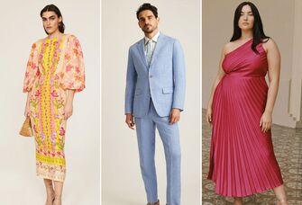 Three cocktail attire wedding guest outfit ideas for men and women
