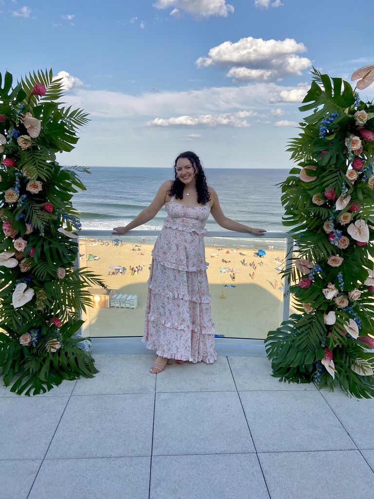 The Knot editor Sarah Hanlon in Petal & Pup wedding guest dress