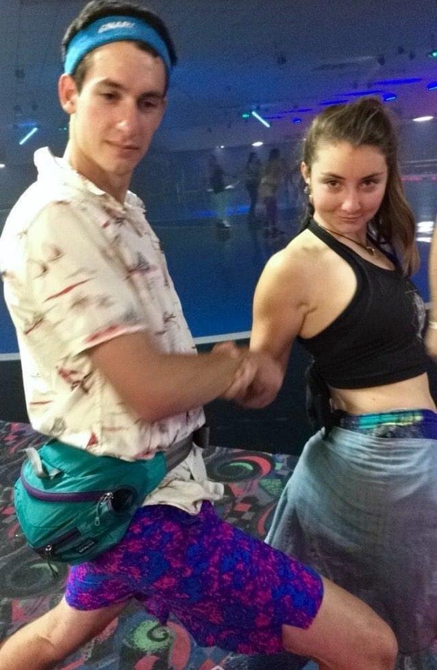 Hannah realizing Sam can actually fit into her cool retro second hand shorts during roller disco night in Salt Lake City, UT 