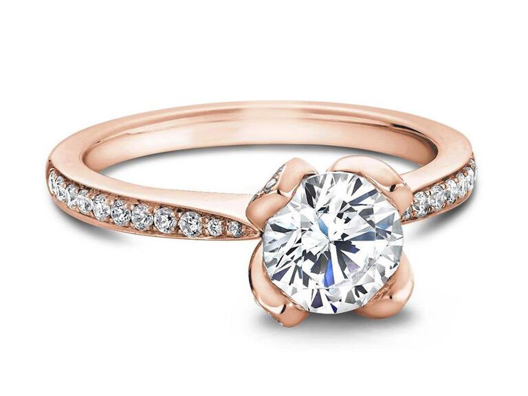 greenwich st. jewelers flower engagement ring with round diamond with rose gold floral halo and round diamond band and rose gold band