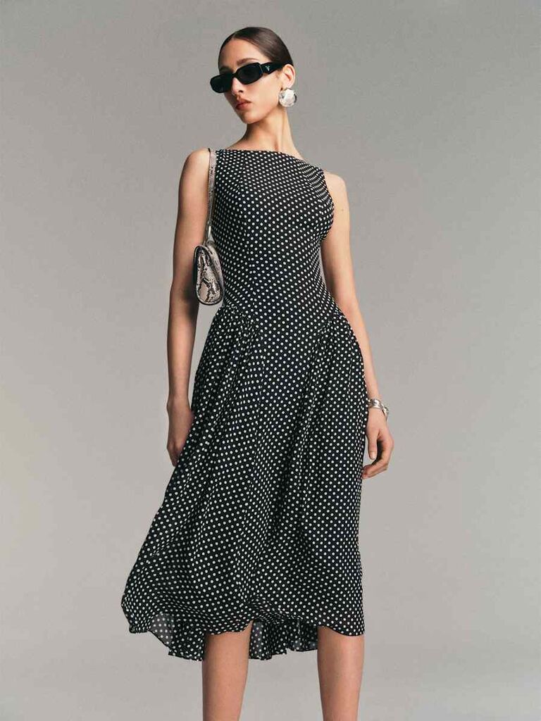 Reformation polka dot midi rehearsal dinner guest dress