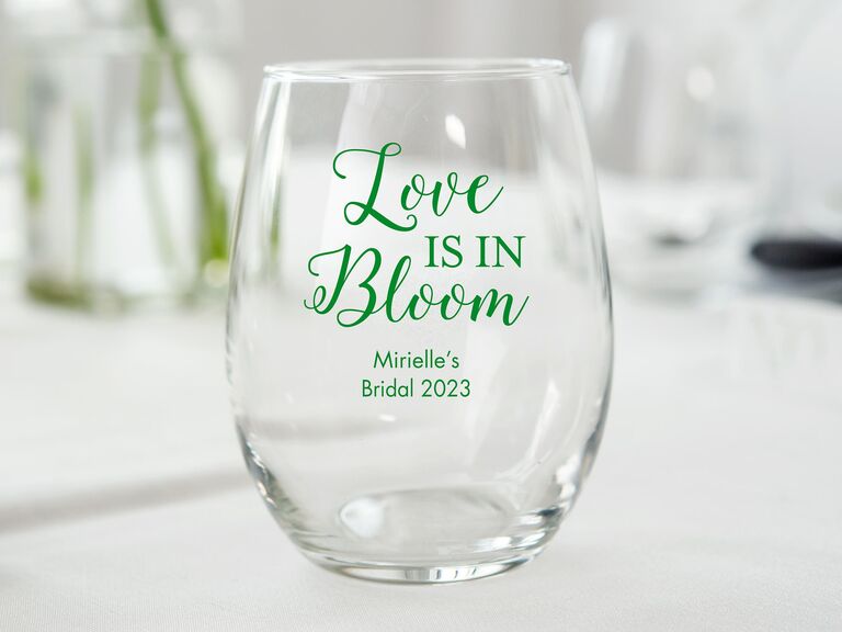 Personalized stemless wine glasses bridal shower favor