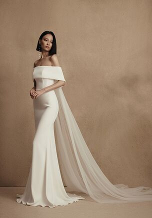 Moore - sheath mermaid wedding gown with lowered shoulders. A dress is embellished with falbala that passes to the back of the dress, where the weightless Tulle cape that adds elegance is attached. A sheath soft skirt features a small chapel train.