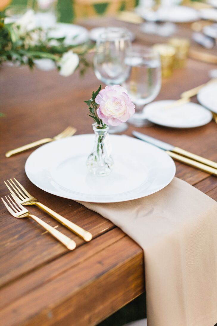 Gold Flatware And Pink Rose In Bud Vases