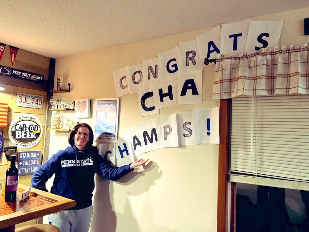 Before the CHA championships... Allison had threatened to take down the championship wall... and Kelly stated that WHEN Allison Won a CHAMPIONSHIP ... then the sign could come down (Kelly was never in doubt). We made an edit to the celebrations wall... Coomey delivers again!