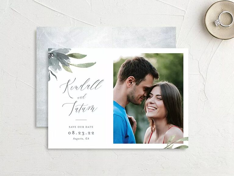 Watercolor greenery in corners, personalized photo and couple's names in gray script