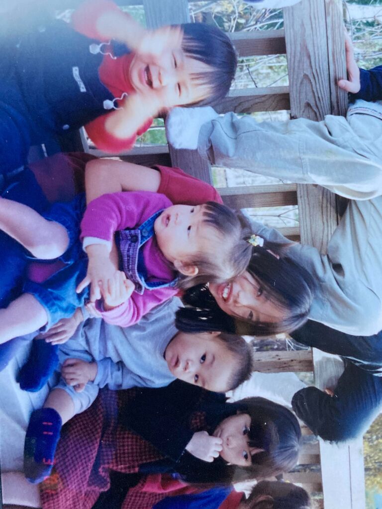 Us as babies! Abby in the purple shirt and overalls and Jeddi in the gray sweatshirt.