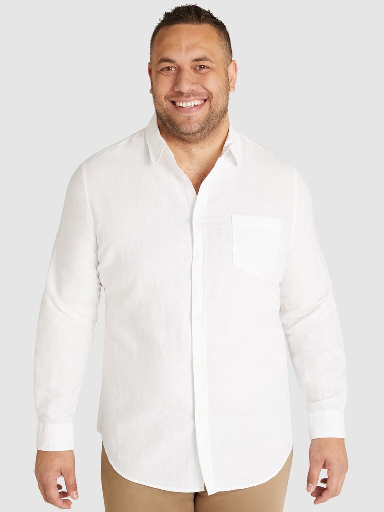 A white linen dress shirt with white buttons from Johnny Bigg