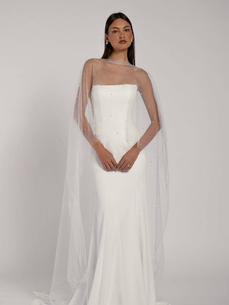 Jenny Yoo bridal cape with pearls