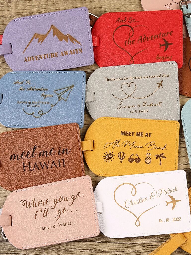 Colorful leather luggage tag with gold lettering personalized wedding favor