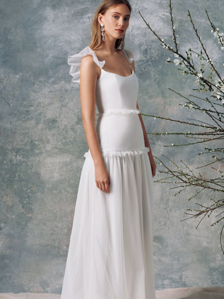 Tiered silk gown with thin ruffle straps