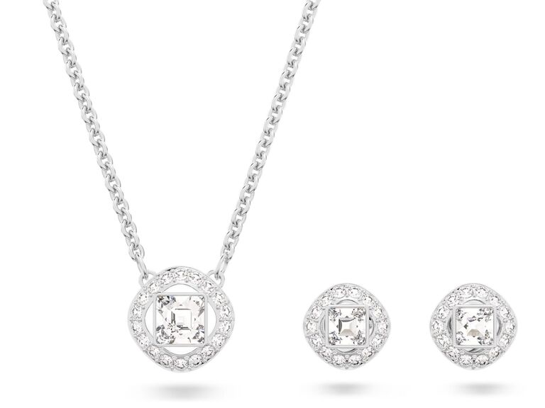 A white square crystal in a halo of crystals pendant with matching stud earrings from Swarovski