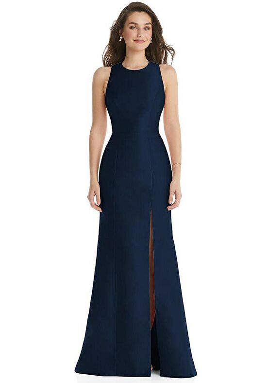 deep blue trumpet cut gown