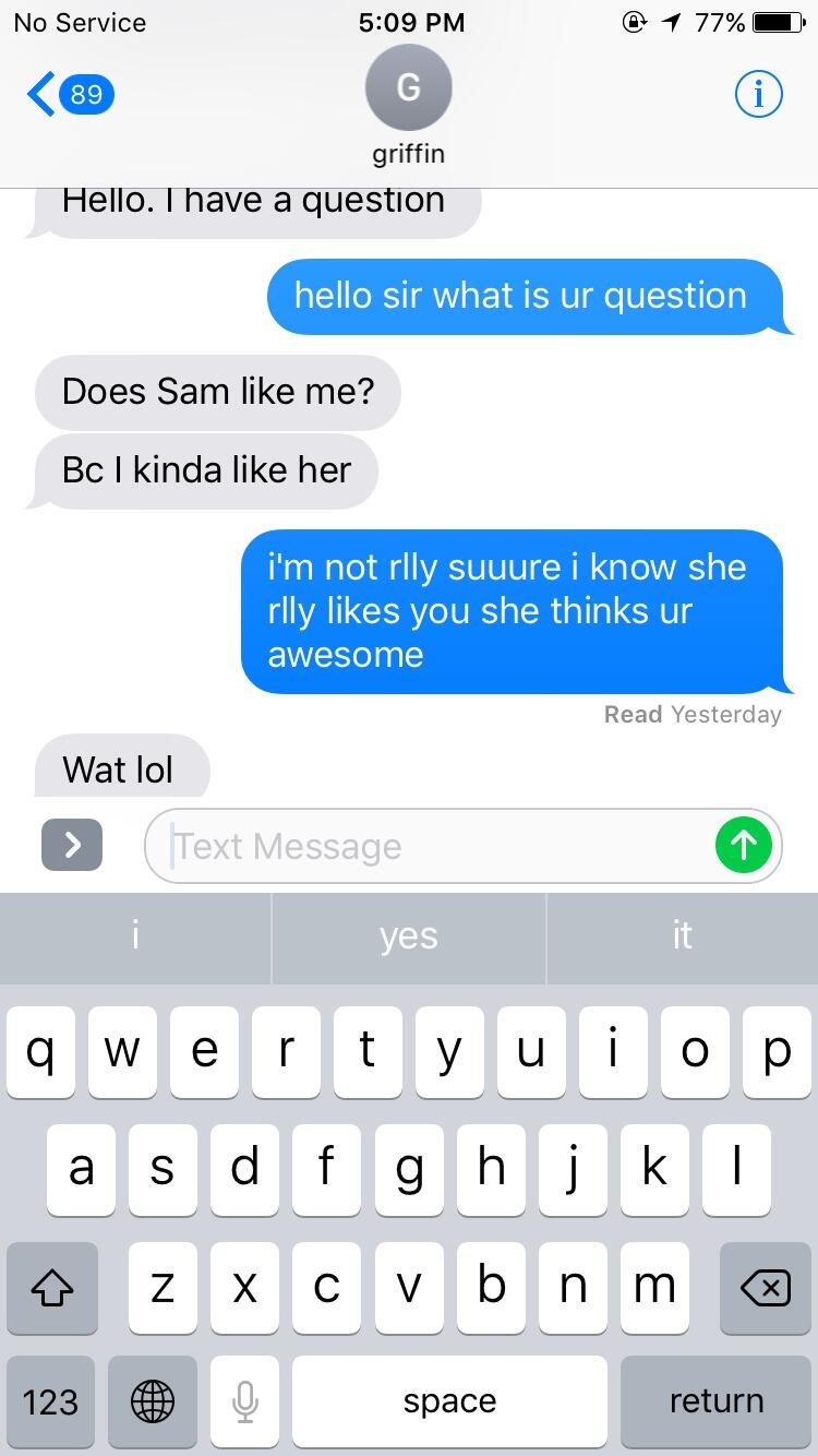 Griffin's text to Sam's bestie Alle...wat lol