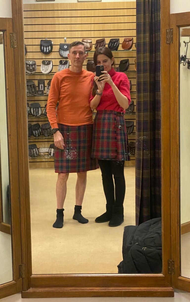 Kinloch Anderson measures David & Yolanda for the kilt & skirt for the special moment which at that time was unknown.