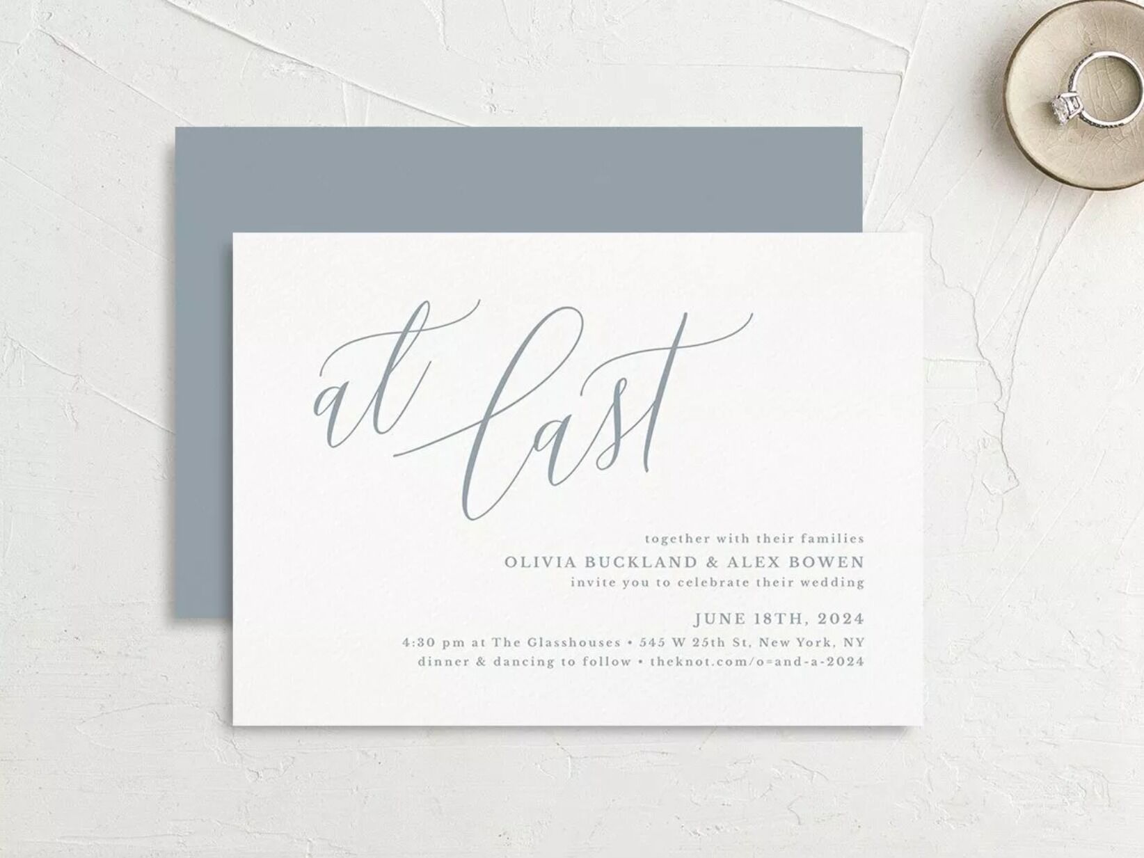 At Last romantic wedding invitation saying
