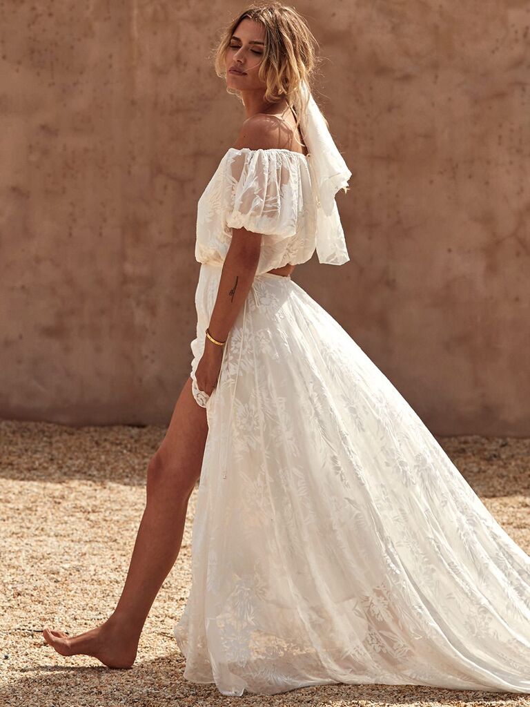 Summer Flowy Beach Lace Crop Top Chiffon Skirt Two Piece Wedding Dress