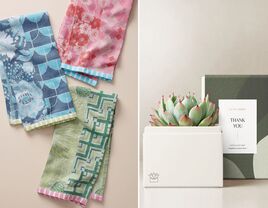 Colorful dish towels and succulent for engagement party host gifts 