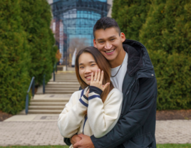 Couple posing after proposal in Illinois